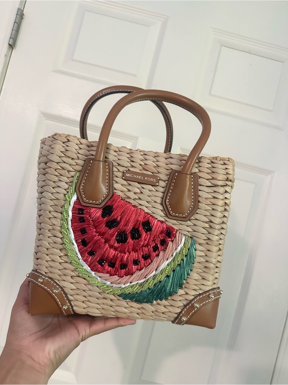 Michael Kors Straw Mini Tote with Watermelon Embroidery - Natural/Tan/Red/Green